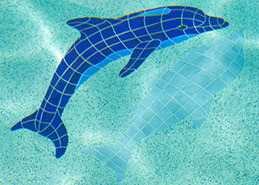 Dolphin jumping mosaic mural on bottom of pool