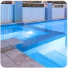 GCR205 Powder Blue Crystal Glass Mosaic pool tile with Travertine Linen Tumbled Unfilled