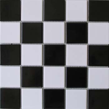 Black and White Checker waterline tile made with ceramic mosaics