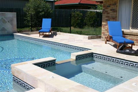 Black White Greek Key  mosaic pool tile shown in situ