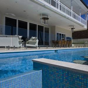 GC184 Light Sky Blue Pearl glass mosaic tiles tiling a pool and feature wall