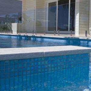 GC184 Light Sky Blue Pearl glass mosaic tiles tiling a pool and feature wall