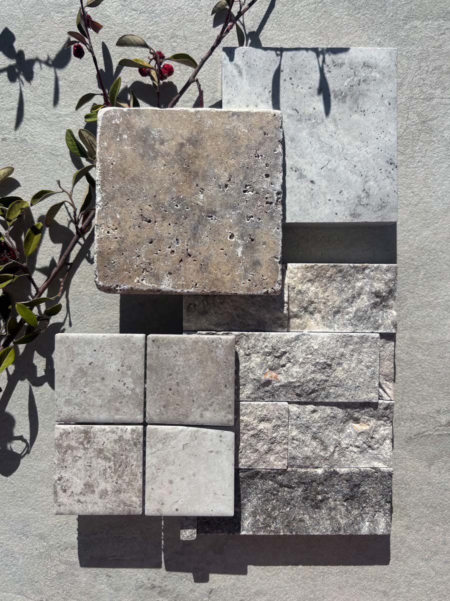 CMC405 Autumn Grey 48mm 6 Flat lay of Autumn Grey 48mm ceramic mosaic tiles with coordinating stone-inspired surfaces.