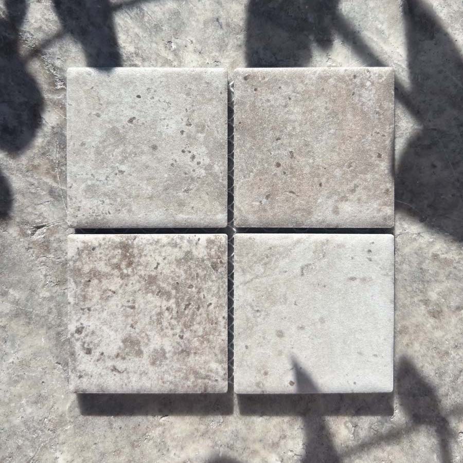 CMC405 Autumn Grey 48mm 5 Basic sample featuring Autumn Grey 48mm ceramic mosaic tiles that matches with silver travertine and rustic grey finishes.