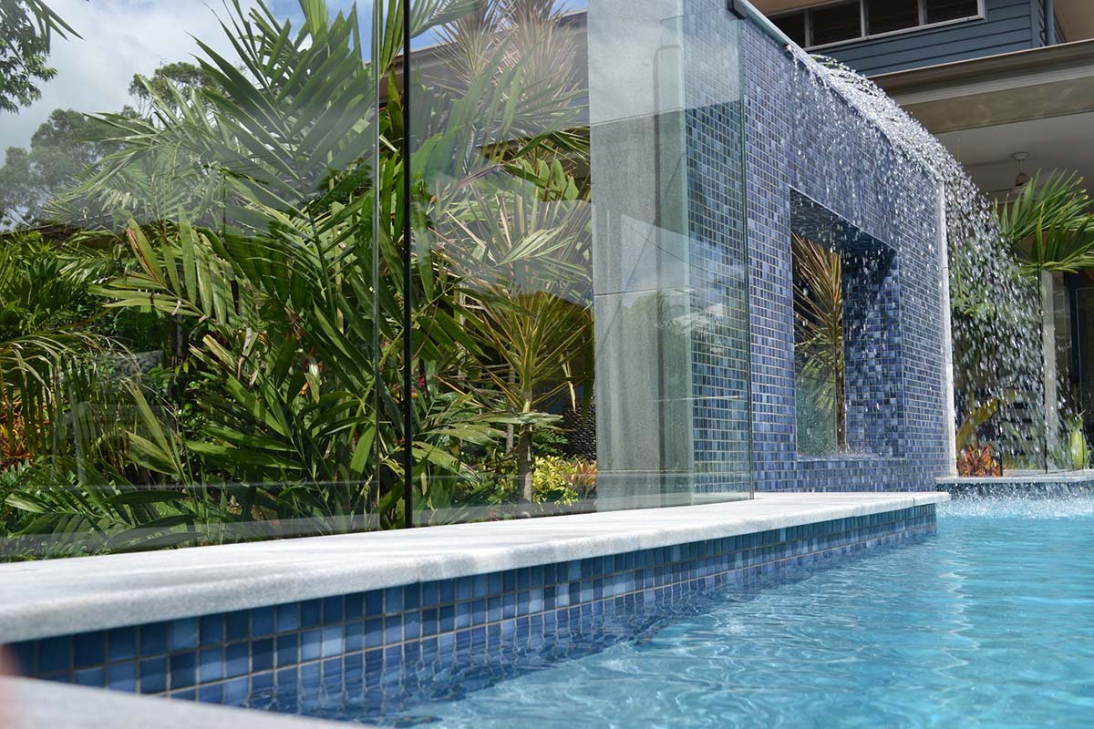 CMC360 Bering Sea feature wall with Parisian Blue Limestone Square Edge coping and surrounds
