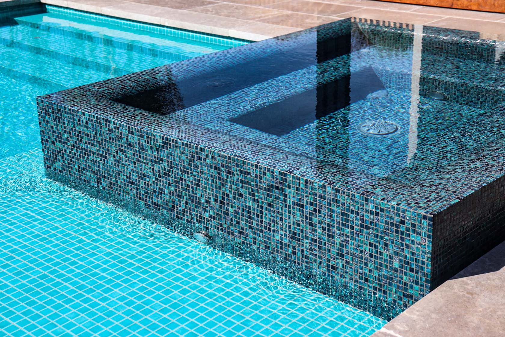 GC210 Peacock glass mosaic fully tiled spa and Neptune aqua glass fully tiled pool