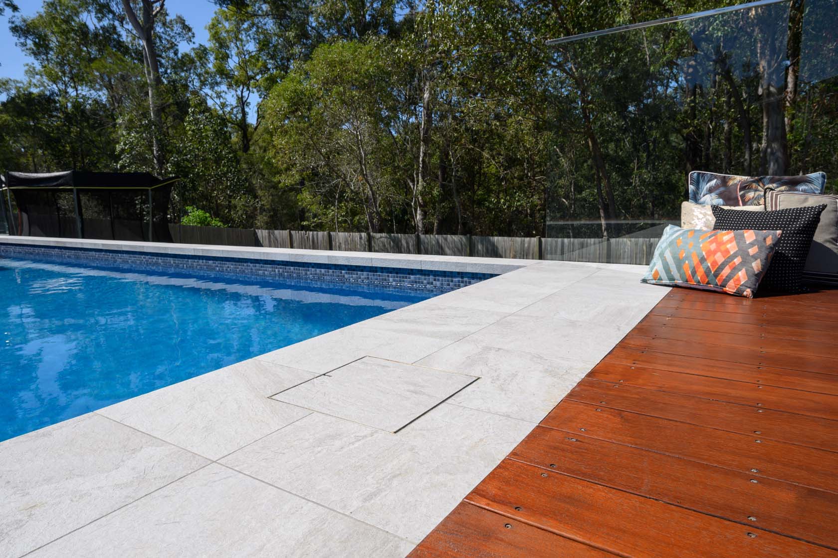 Ash Marblano Porcelain Dropface pool coping with CMC360 Bering Sea waterline tiles