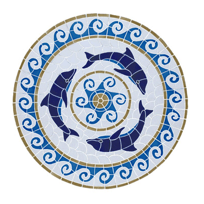 circular mosaic with radial waves and 3 dolphins