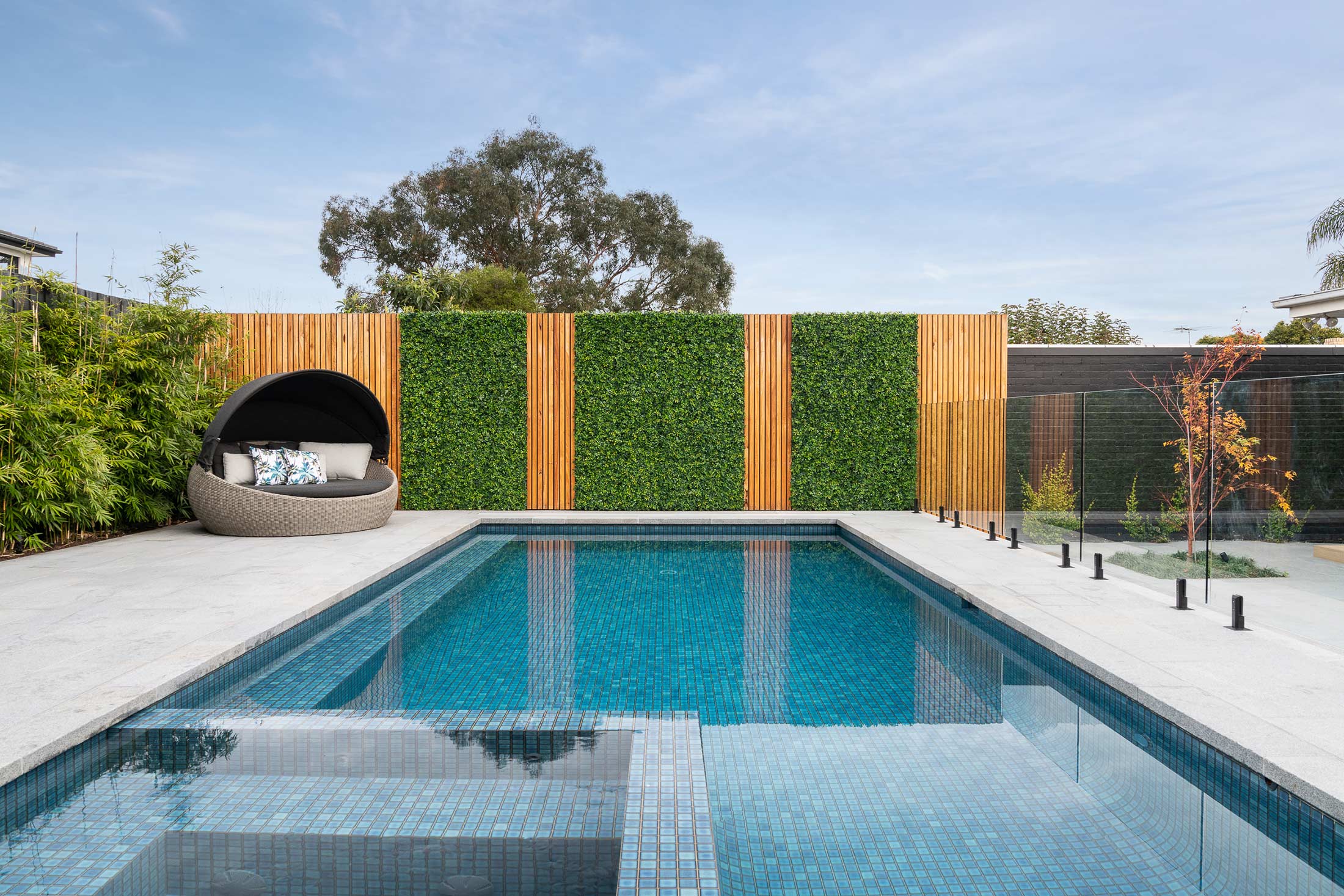 Fully tiled pool interior with Poseidon CMC525 ceramic mosaic tiles