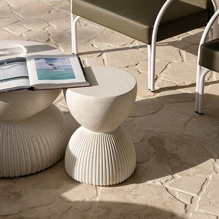 natural stone crazy pave tiling with outdoor furniture