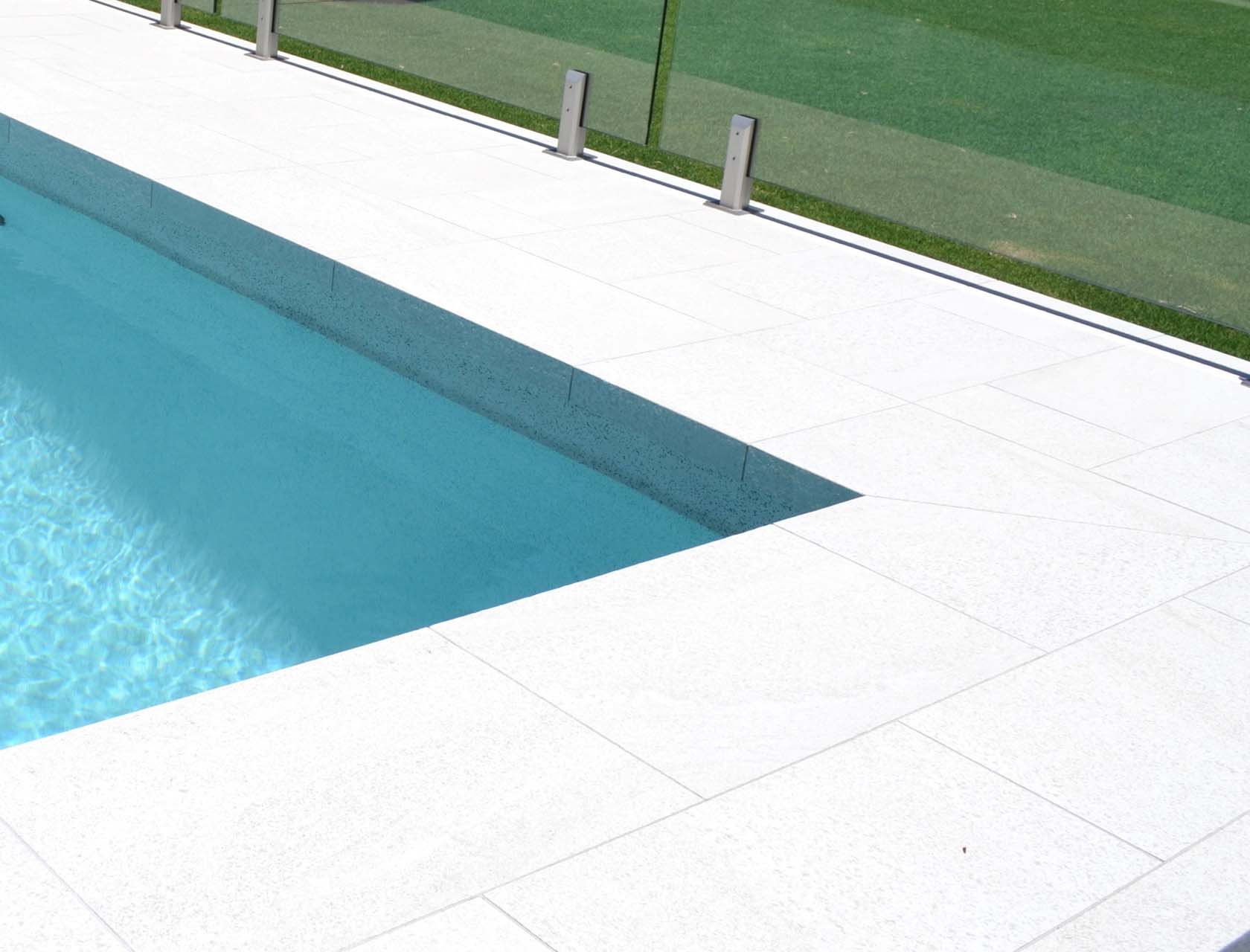Coconut Drift Porcelain Dropface pool coping and surround tiles